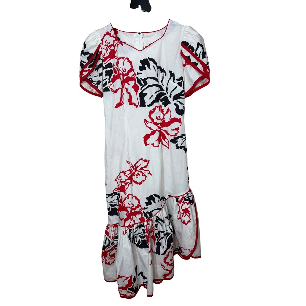 Hilo Hattie Hawaiian Maxi Dress Red White Black Floral Ruffle Made in Hawaii 10